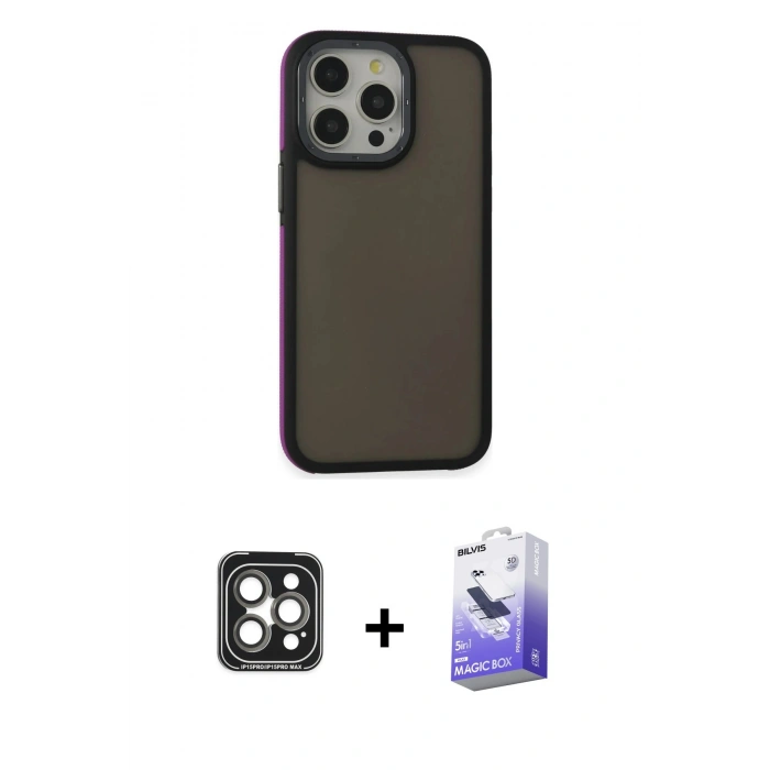 MARSİLYAN™- iPhone 15 Pro Max Kılıf Eksen Işık - Siyah Bilvis 5in1 5D Magic Hayalet Cam Ekran Koruyucu + PVD Metal Kamera Lens - GI