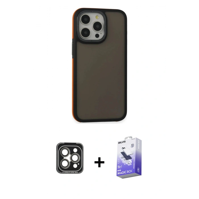 MARSİLYAN™- iPhone 15 Pro Max Kılıf Eksen Işık - Siyah Bilvis 5in1 5D Magic Hayalet Cam Ekran Koruyucu + PVD Metal Kamera Lens - GI