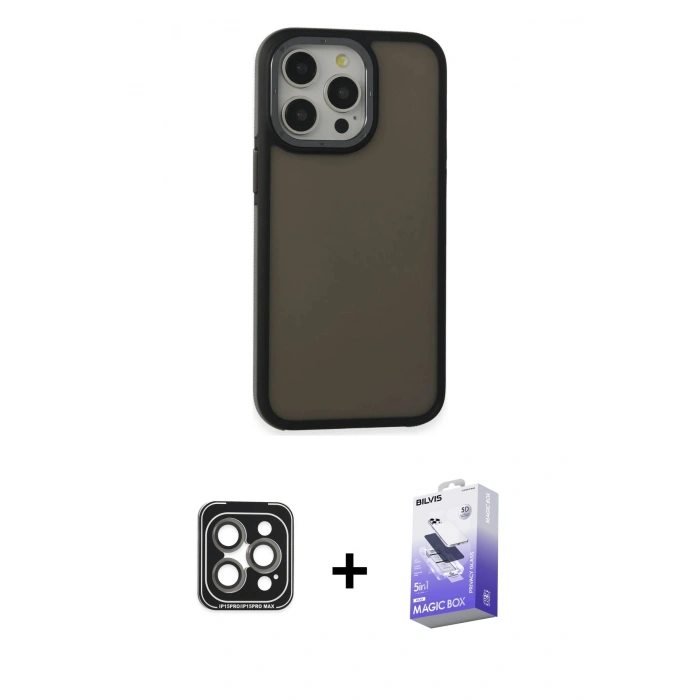 MARSİLYAN™- iPhone 15 Pro Max Kılıf Eksen Işık - Siyah Bilvis 5in1 5D Magic Hayalet Cam Ekran Koruyucu + PVD Metal Kamera Lens - GI