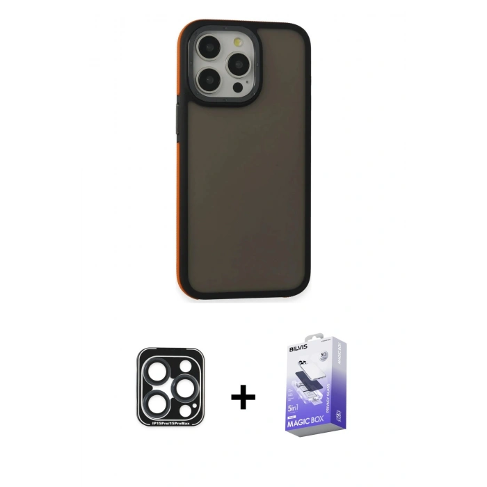MARSİLYAN™- iPhone 15 Pro Max Kılıf Eksen Işık - Siyah Bilvis 5in1 5D Magic Hayalet Cam Ekran Koruyucu + PVD Metal Kamera Lens - LT