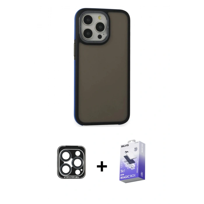 MARSİLYAN™- iPhone 15 Pro Max Kılıf Eksen Işık - Siyah Bilvis 5in1 5D Magic Hayalet Cam Ekran Koruyucu + PVD Metal Kamera Lens - LT