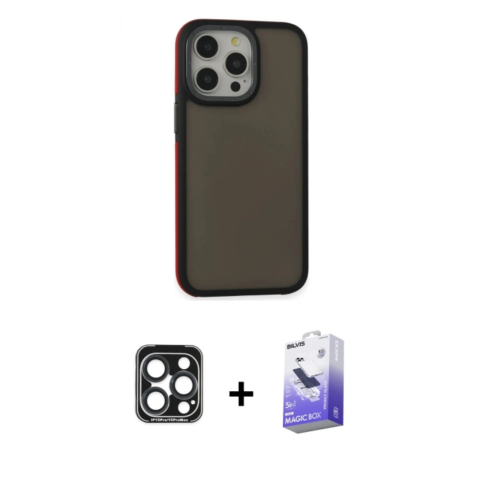 MARSİLYAN™- iPhone 15 Pro Max Kılıf Eksen Işık - Siyah Bilvis 5in1 5D Magic Hayalet Cam Ekran Koruyucu + PVD Metal Kamera Lens - LT