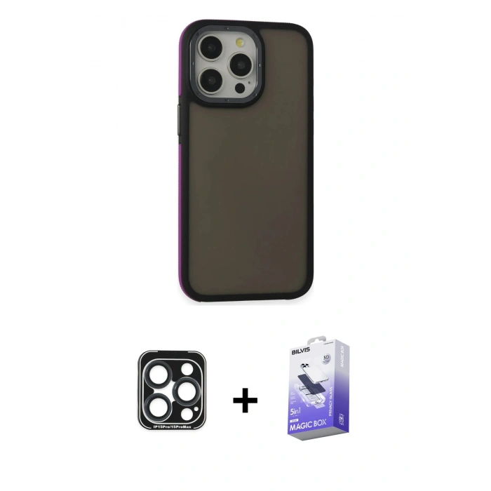 MARSİLYAN™- iPhone 15 Pro Max Kılıf Eksen Işık - Siyah Bilvis 5in1 5D Magic Hayalet Cam Ekran Koruyucu + PVD Metal Kamera Lens - LT