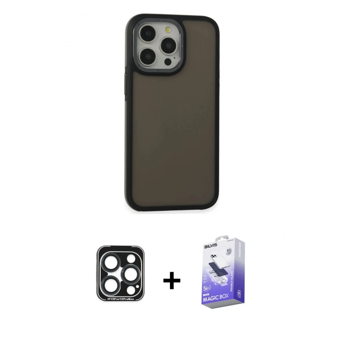 MARSİLYAN™- iPhone 15 Pro Max Kılıf Eksen Işık - Siyah Bilvis 5in1 5D Magic Hayalet Cam Ekran Koruyucu + PVD Metal Kamera Lens - LT