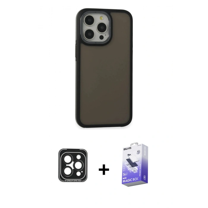 MARSİLYAN™- iPhone 15 Pro Max Kılıf Eksen Işık - Siyah Bilvis 5in1 5D Magic Hayalet Cam Ekran Koruyucu + PVD Metal Kamera Lens - SH