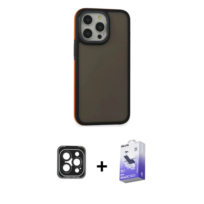 MARSİLYAN™- iPhone 15 Pro Max Kılıf Eksen Işık - Siyah Bilvis 5in1 5D Magic Hayalet Cam Ekran Koruyucu + PVD Metal Kamera Lens - SH