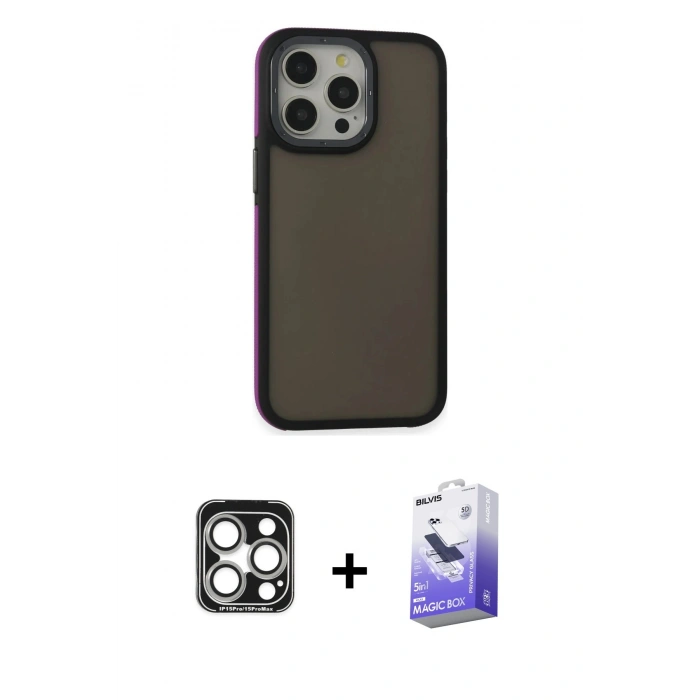 MARSİLYAN™- iPhone 15 Pro Max Kılıf Eksen Işık - Siyah Bilvis 5in1 5D Magic Hayalet Cam Ekran Koruyucu + PVD Metal Kamera Lens - GS