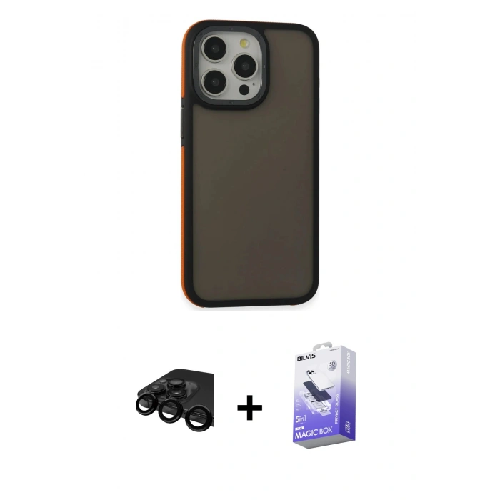MARSİLYAN™- iPhone 15 Pro Max Kılıf Eksen Işık - Siyah Bilvis 5in1 5D Magic Hayalet Cam Ekran Koruyucu + Raze Metal Kamera Lens - SH