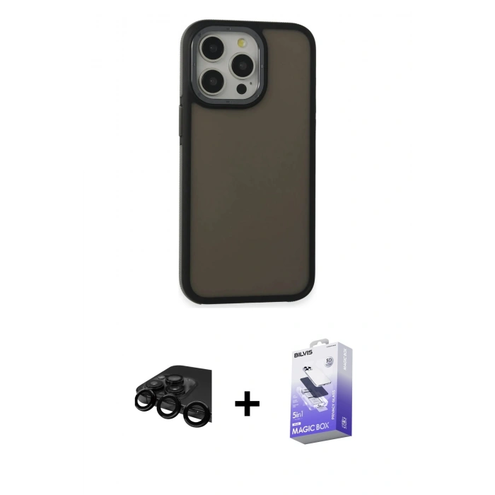 MARSİLYAN™- iPhone 15 Pro Max Kılıf Eksen Işık - Siyah Bilvis 5in1 5D Magic Hayalet Cam Ekran Koruyucu + Raze Metal Kamera Lens - SH