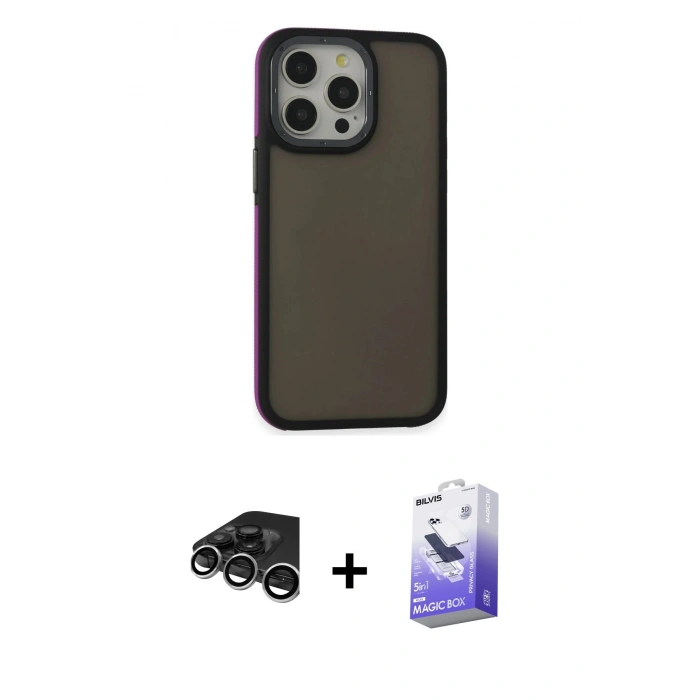 MARSİLYAN™- iPhone 15 Pro Max Kılıf Eksen Işık - Siyah Bilvis 5in1 5D Magic Hayalet Cam Ekran Koruyucu + Raze Metal Kamera Lens - GS