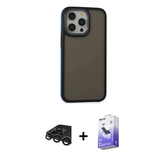 MARSİLYAN™- iPhone 15 Pro Max Kılıf Eksen Işık - Siyah Bilvis 5in1 5D Magic Hayalet Cam Ekran Koruyucu + Raze Metal Kamera Lens - TMGI