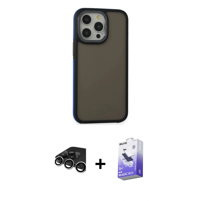 MARSİLYAN™- iPhone 15 Pro Max Kılıf Eksen Işık - Siyah Bilvis 5in1 5D Magic Hayalet Cam Ekran Koruyucu + Raze Metal Kamera Lens - GS