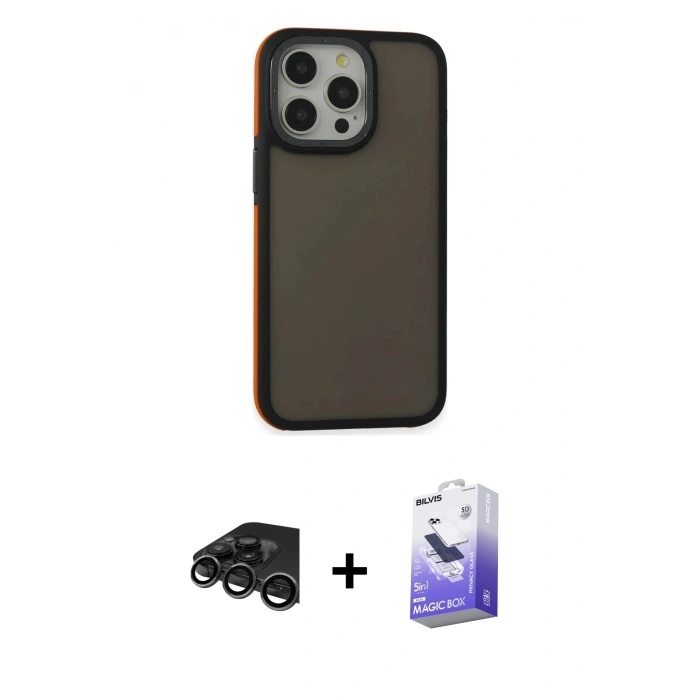 MARSİLYAN™- iPhone 15 Pro Max Kılıf Eksen Işık - Siyah Bilvis 5in1 5D Magic Hayalet Cam Ekran Koruyucu + Raze Metal Kamera Lens - TMGI