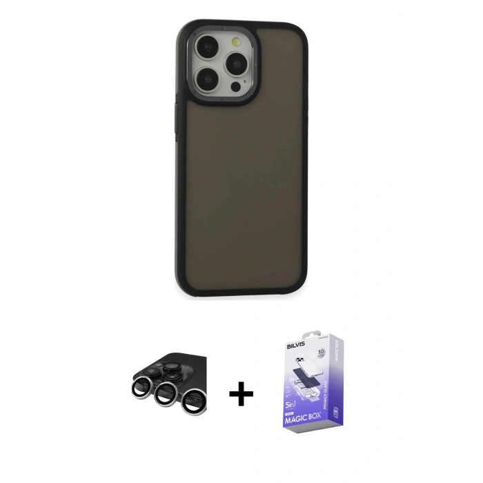 MARSİLYAN™- iPhone 15 Pro Max Kılıf Eksen Işık - Siyah Bilvis 5in1 5D Magic Hayalet Cam Ekran Koruyucu + Raze Metal Kamera Lens - GS