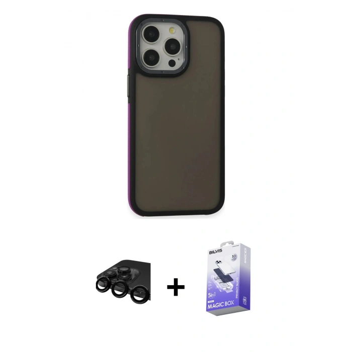 MARSİLYAN™- iPhone 15 Pro Max Kılıf Eksen Işık - Siyah Bilvis 5in1 5D Magic Hayalet Cam Ekran Koruyucu + Raze Metal Kamera Lens - SH
