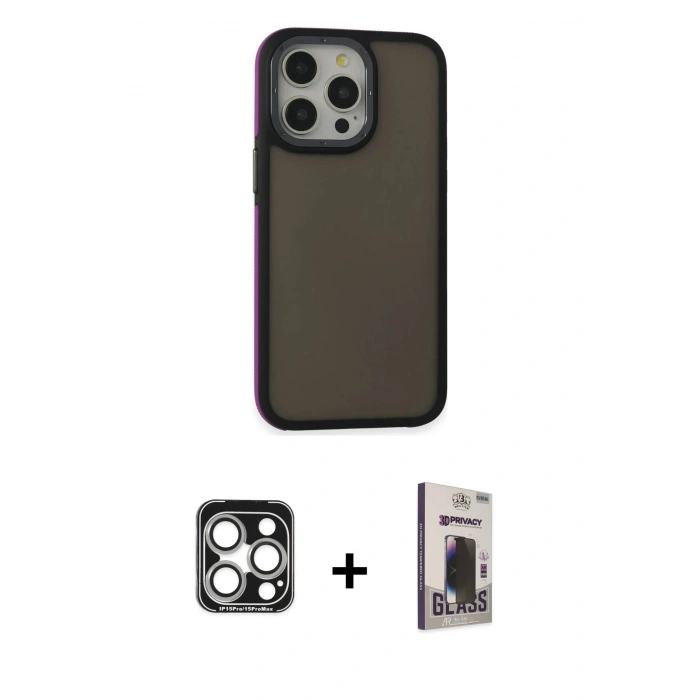 MARSİLYAN™- iPhone 15 Pro Max Kılıf Eksen Işık - Siyah Bilvis Hayalet Cam Ekran Koruyucu + PVD Metal Kamera Lens - GS