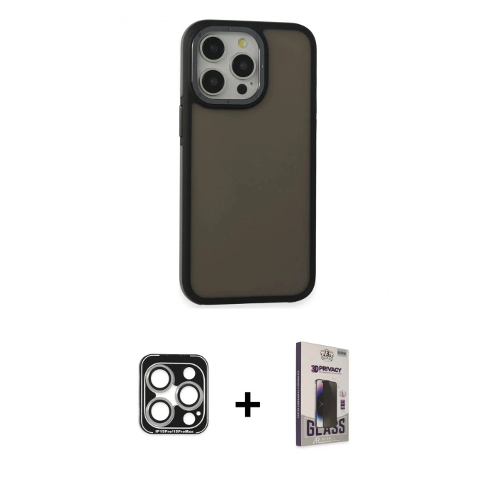 MARSİLYAN™- iPhone 15 Pro Max Kılıf Eksen Işık - Siyah Bilvis Hayalet Cam Ekran Koruyucu + PVD Metal Kamera Lens - GS