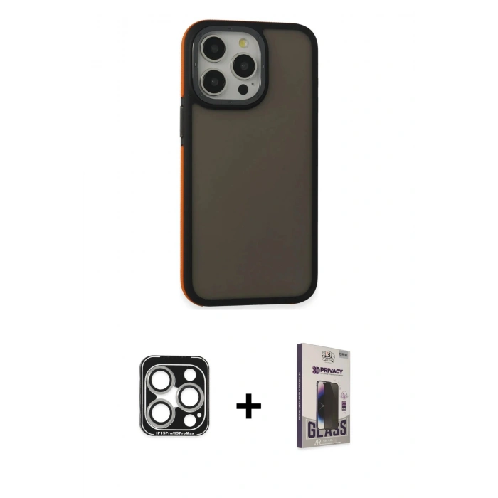 MARSİLYAN™- iPhone 15 Pro Max Kılıf Eksen Işık - Siyah Bilvis Hayalet Cam Ekran Koruyucu + PVD Metal Kamera Lens - GS