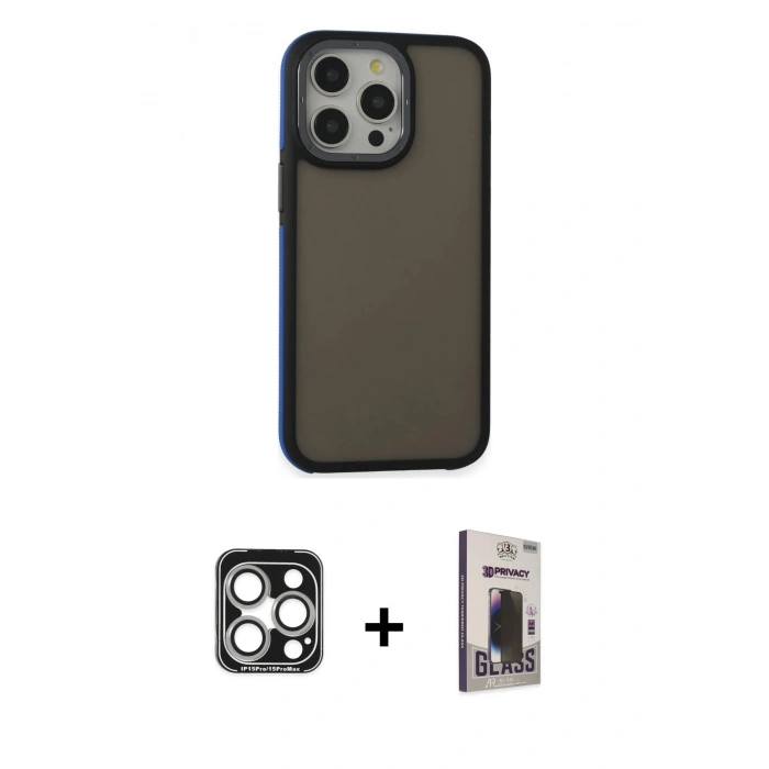 MARSİLYAN™- iPhone 15 Pro Max Kılıf Eksen Işık - Siyah Bilvis Hayalet Cam Ekran Koruyucu + PVD Metal Kamera Lens - GS
