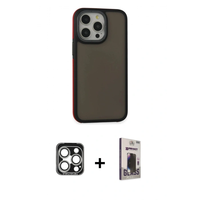 MARSİLYAN™- iPhone 15 Pro Max Kılıf Eksen Işık - Siyah Bilvis Hayalet Cam Ekran Koruyucu + PVD Metal Kamera Lens - GS