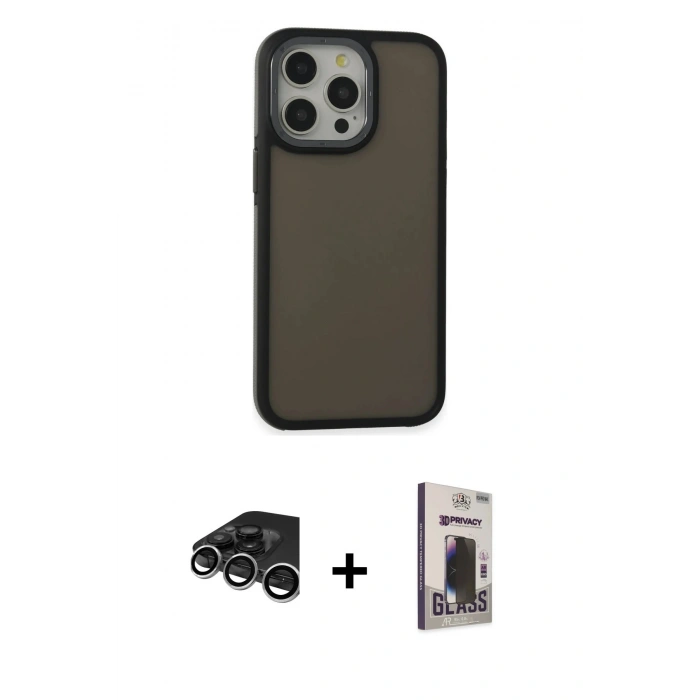 MARSİLYAN™- iPhone 15 Pro Max Kılıf Eksen Işık - Siyah Bilvis Hayalet Cam Ekran Koruyucu + Raze Metal Kamera Lens - GS