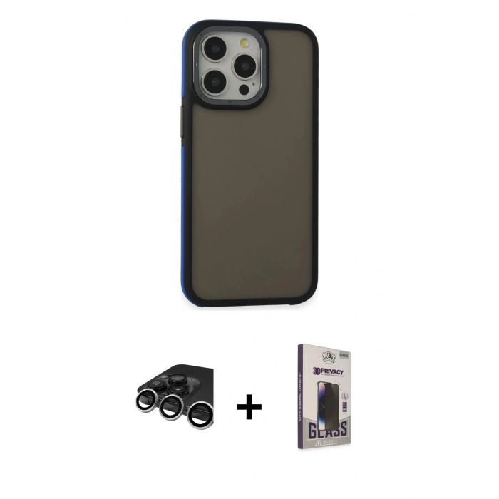 MARSİLYAN™- iPhone 15 Pro Max Kılıf Eksen Işık - Siyah Bilvis Hayalet Cam Ekran Koruyucu + Raze Metal Kamera Lens - GS