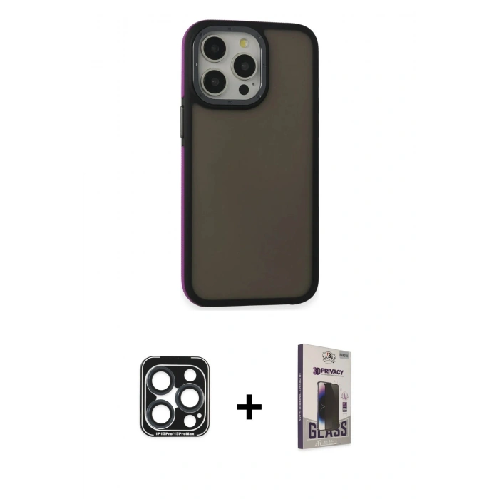 MARSİLYAN™- iPhone 15 Pro Max Kılıf Eksen Işık - Siyah Bilvis Hayalet Cam Ekran Koruyucu + PVD Metal Kamera Lens - LT