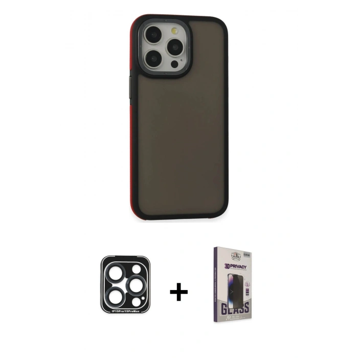 MARSİLYAN™- iPhone 15 Pro Max Kılıf Eksen Işık - Siyah Bilvis Hayalet Cam Ekran Koruyucu + PVD Metal Kamera Lens - LT