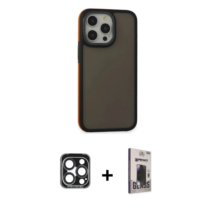 MARSİLYAN™- iPhone 15 Pro Max Kılıf Eksen Işık - Siyah Bilvis Hayalet Cam Ekran Koruyucu + PVD Metal Kamera Lens - LT