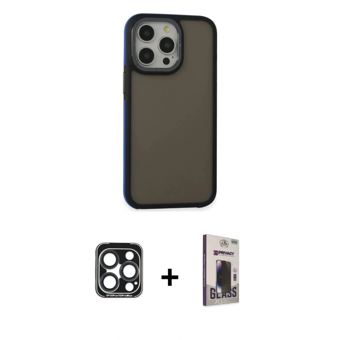MARSİLYAN™- iPhone 15 Pro Max Kılıf Eksen Işık - Siyah Bilvis Hayalet Cam Ekran Koruyucu + PVD Metal Kamera Lens - LT