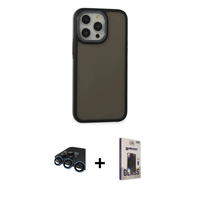 MARSİLYAN™- iPhone 15 Pro Max Kılıf Eksen Işık - Siyah Bilvis Hayalet Cam Ekran Koruyucu + Raze Metal Kamera Lens - LT