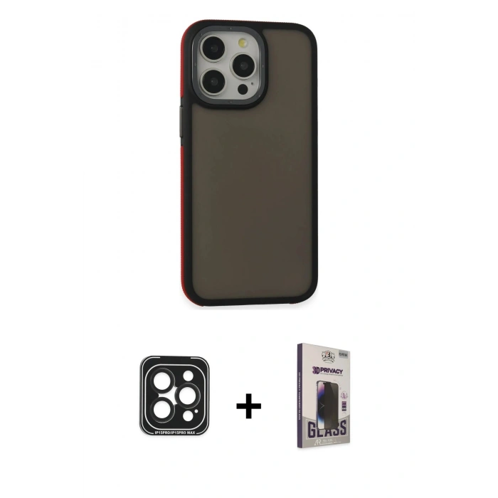 MARSİLYAN™- iPhone 15 Pro Max Kılıf Eksen Işık - Siyah Bilvis Hayalet Cam Ekran Koruyucu + PVD Metal Kamera Lens - SH