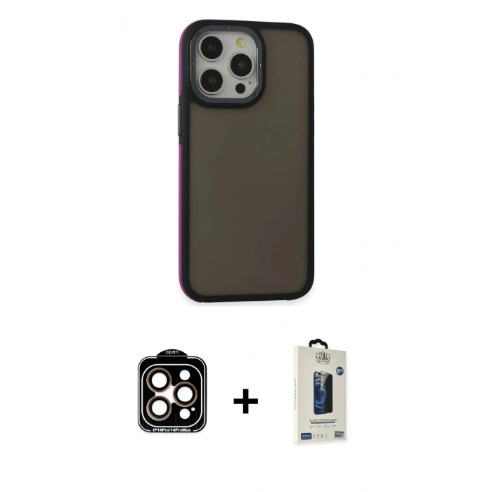 MARSİLYAN™- iPhone 15 Pro Max Kılıf Eksen Işık - Siyah Bilvis Hayalet Cam Ekran Koruyucu + PVD Metal Kamera Lens - TU