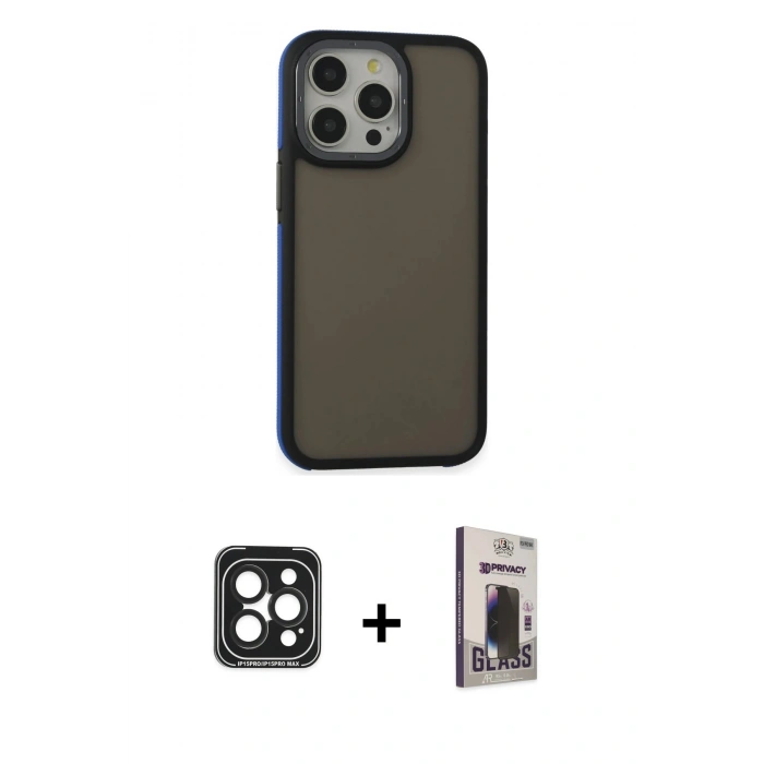 MARSİLYAN™- iPhone 15 Pro Max Kılıf Eksen Işık - Siyah Bilvis Hayalet Cam Ekran Koruyucu + PVD Metal Kamera Lens - SH
