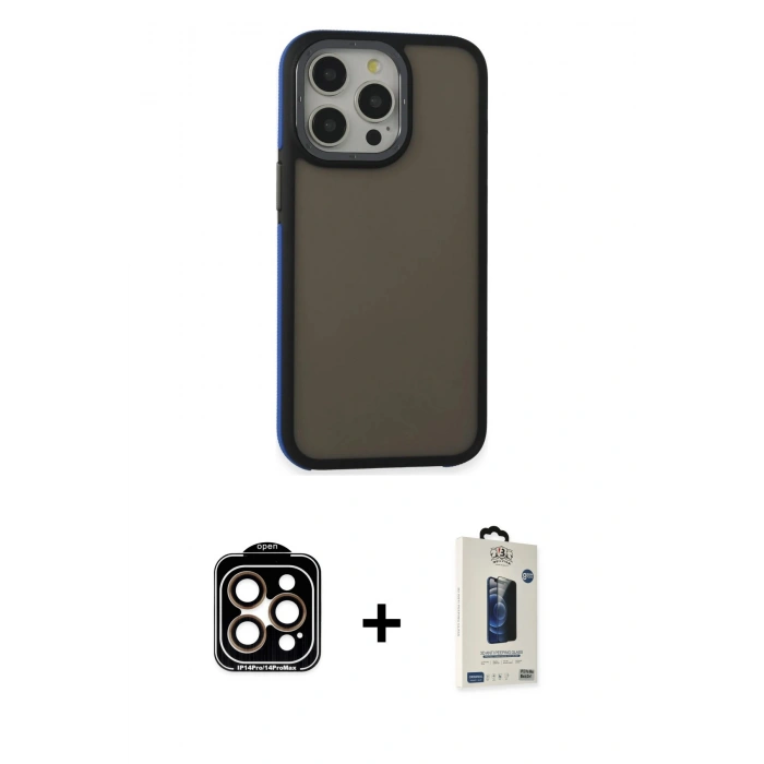 MARSİLYAN™- iPhone 15 Pro Max Kılıf Eksen Işık - Siyah Bilvis Hayalet Cam Ekran Koruyucu + PVD Metal Kamera Lens - TU
