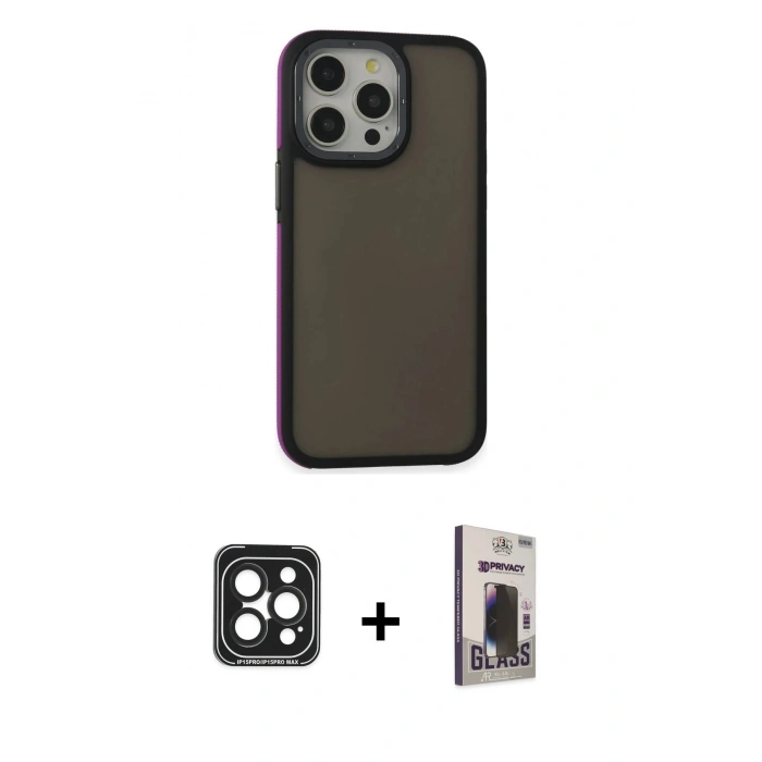 MARSİLYAN™- iPhone 15 Pro Max Kılıf Eksen Işık - Siyah Bilvis Hayalet Cam Ekran Koruyucu + PVD Metal Kamera Lens - SH