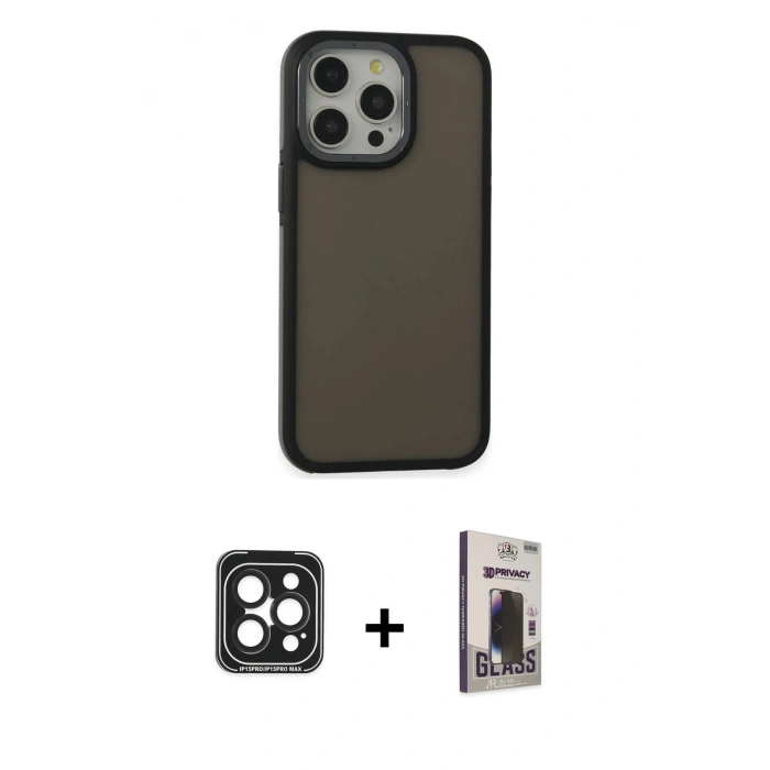 MARSİLYAN™- iPhone 15 Pro Max Kılıf Eksen Işık - Siyah Bilvis Hayalet Cam Ekran Koruyucu + PVD Metal Kamera Lens - SH