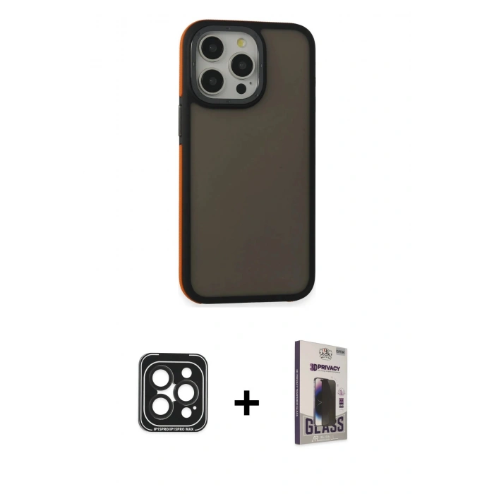 MARSİLYAN™- iPhone 15 Pro Max Kılıf Eksen Işık - Siyah Bilvis Hayalet Cam Ekran Koruyucu + PVD Metal Kamera Lens - SH
