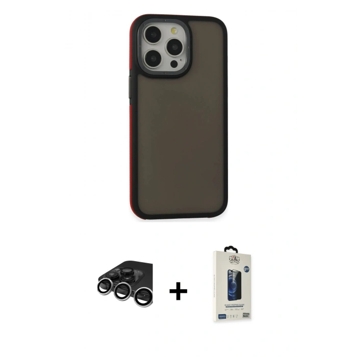 MARSİLYAN™- iPhone 15 Pro Max Kılıf Eksen Işık - Siyah Bilvis Hayalet Cam Ekran Koruyucu + Raze Metal Kamera Lens - GS
