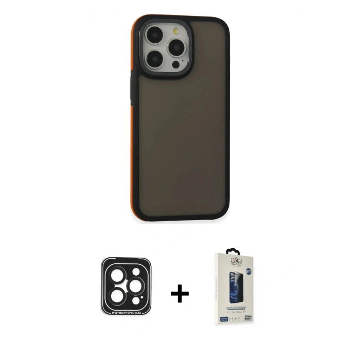 MARSİLYAN™- iPhone 15 Pro Max Kılıf Eksen Işık - Siyah Bilvis Hayalet Cam Ekran Koruyucu + PVD Metal Kamera Lens - SH