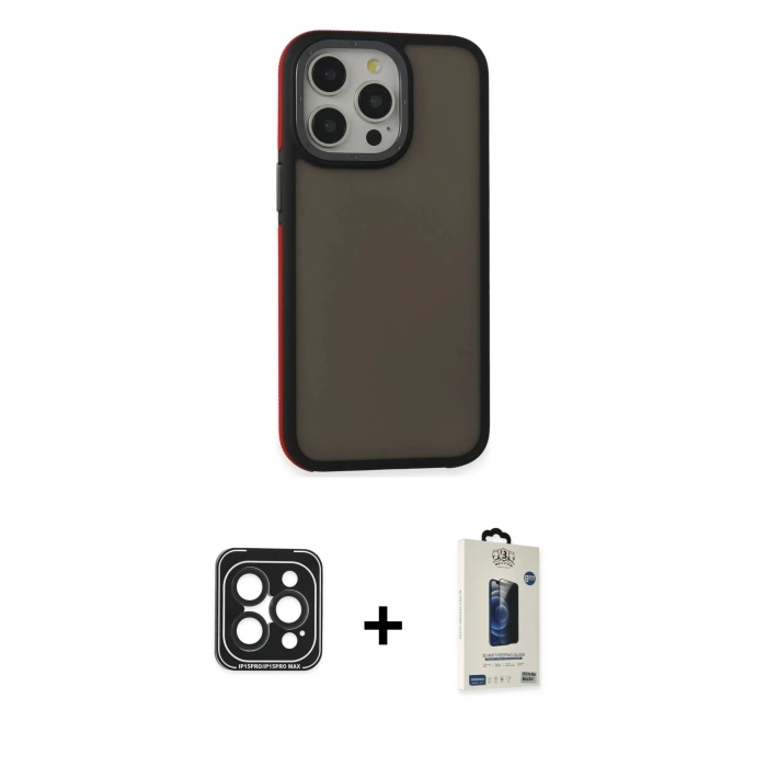 MARSİLYAN™- iPhone 15 Pro Max Kılıf Eksen Işık - Siyah Bilvis Hayalet Cam Ekran Koruyucu + PVD Metal Kamera Lens - SH