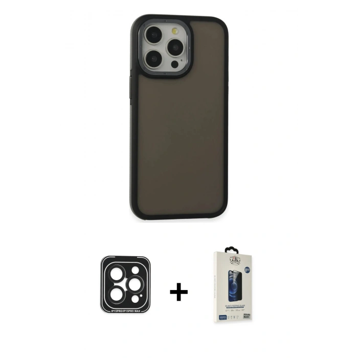 MARSİLYAN™- iPhone 15 Pro Max Kılıf Eksen Işık - Siyah Bilvis Hayalet Cam Ekran Koruyucu + PVD Metal Kamera Lens - SH