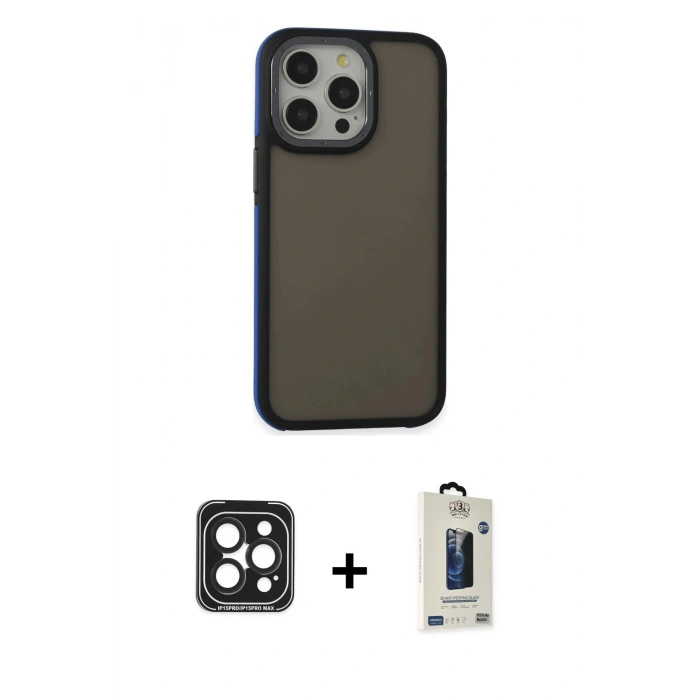 MARSİLYAN™- iPhone 15 Pro Max Kılıf Eksen Işık - Siyah Bilvis Hayalet Cam Ekran Koruyucu + PVD Metal Kamera Lens - SH