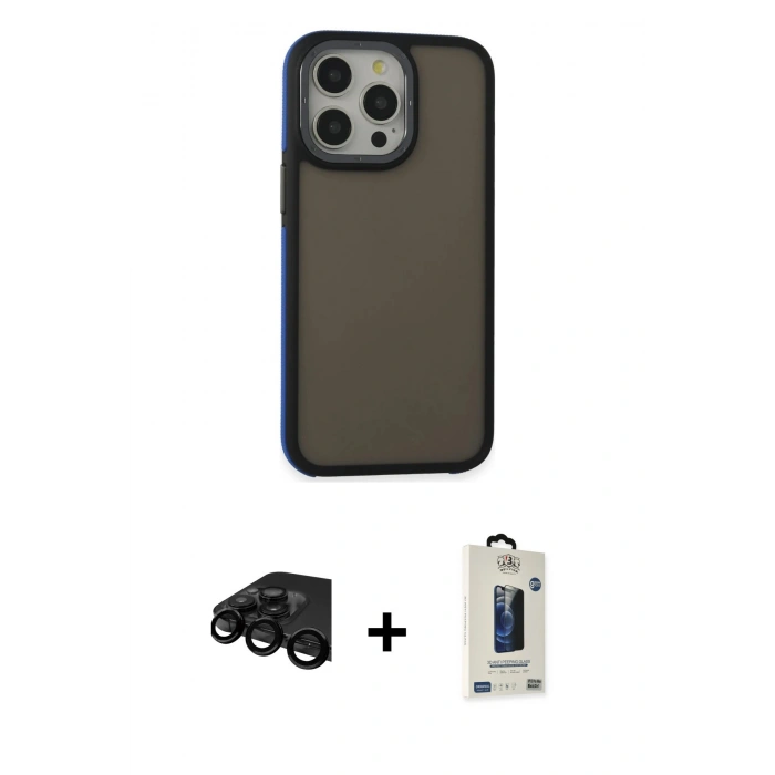 MARSİLYAN™- iPhone 15 Pro Max Kılıf Eksen Işık - Siyah Bilvis Hayalet Cam Ekran Koruyucu + Raze Metal Kamera Lens - SH