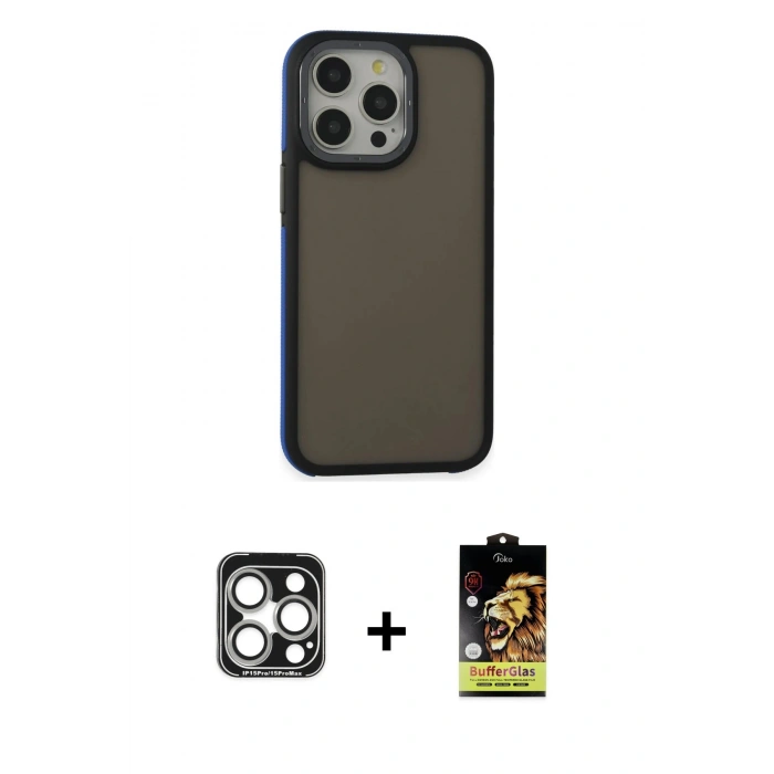 MARSİLYAN™- iPhone 15 Pro Max Kılıf Eksen Işık - Siyah Buffer Cam Ekran Koruyucu + Gümüş PVD Metal Kamera Lens