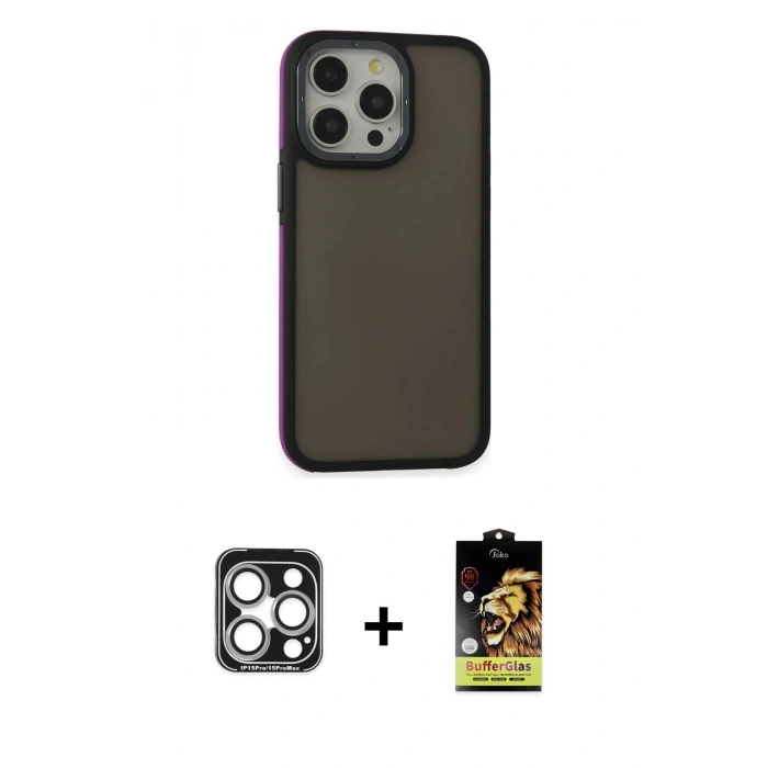MARSİLYAN™- iPhone 15 Pro Max Kılıf Eksen Işık - Siyah Buffer Cam Ekran Koruyucu + Gümüş PVD Metal Kamera Lens