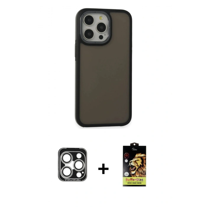 MARSİLYAN™- iPhone 15 Pro Max Kılıf Eksen Işık - Siyah Buffer Cam Ekran Koruyucu + Gümüş PVD Metal Kamera Lens