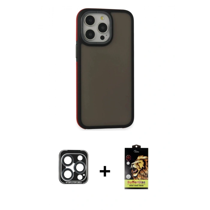 MARSİLYAN™- iPhone 15 Pro Max Kılıf Eksen Işık - Siyah Buffer Cam Ekran Koruyucu + Lacivert PVD Metal Kamera Lens