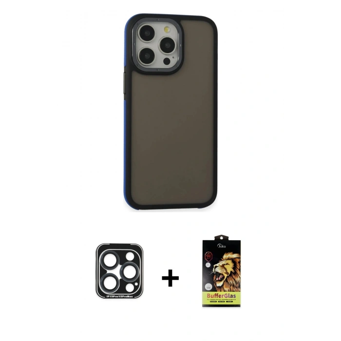 MARSİLYAN™- iPhone 15 Pro Max Kılıf Eksen Işık - Siyah Buffer Cam Ekran Koruyucu + Lacivert PVD Metal Kamera Lens
