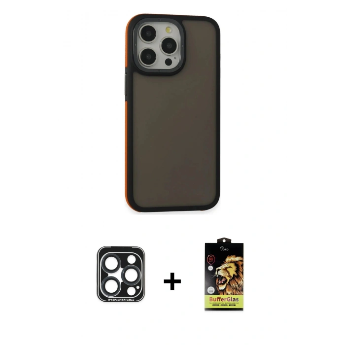 MARSİLYAN™- iPhone 15 Pro Max Kılıf Eksen Işık - Siyah Buffer Cam Ekran Koruyucu + Lacivert PVD Metal Kamera Lens